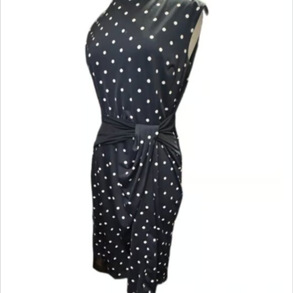 Shelby & Palmer Black White Polka Dot Sleeveless Sheath Dress Retro Waist Tie LG - Picture 2 of 11